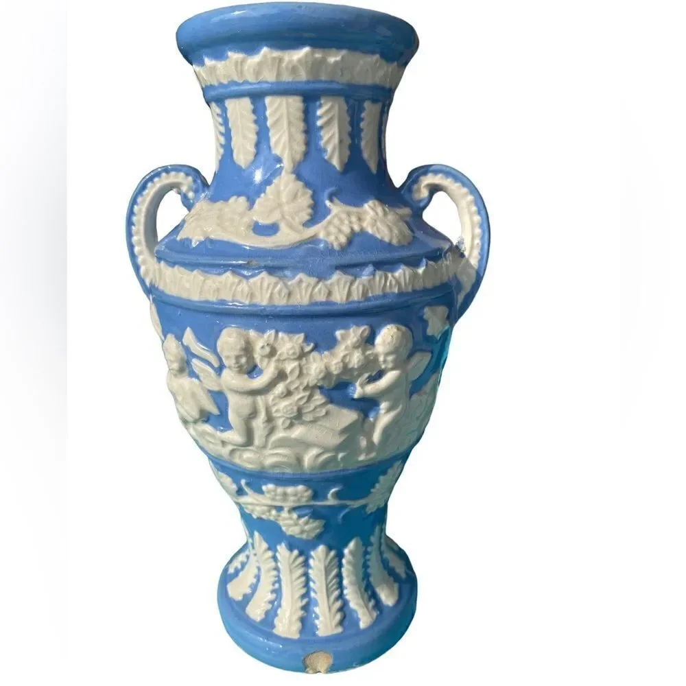 Vintage - Japan Blue Vase with White Cherub Angels - Wedgewood Style Handles